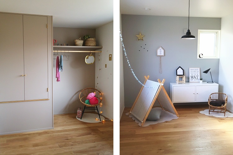 将来２室に分けられるように計画した子供部屋。それぞれ壁の一面をカラーウォールに。